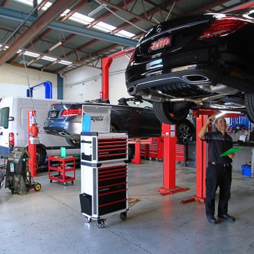 Shlomi Kuba inspecting a Mercedes-Benz C-Class on the hoist at K&G Automotive in Underwood